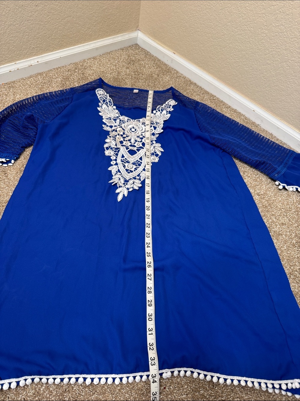 Swimsuit cover-up vibrant royal blue tunic dress ornate embroidered lace SZ XL - Picture 3 of 9
